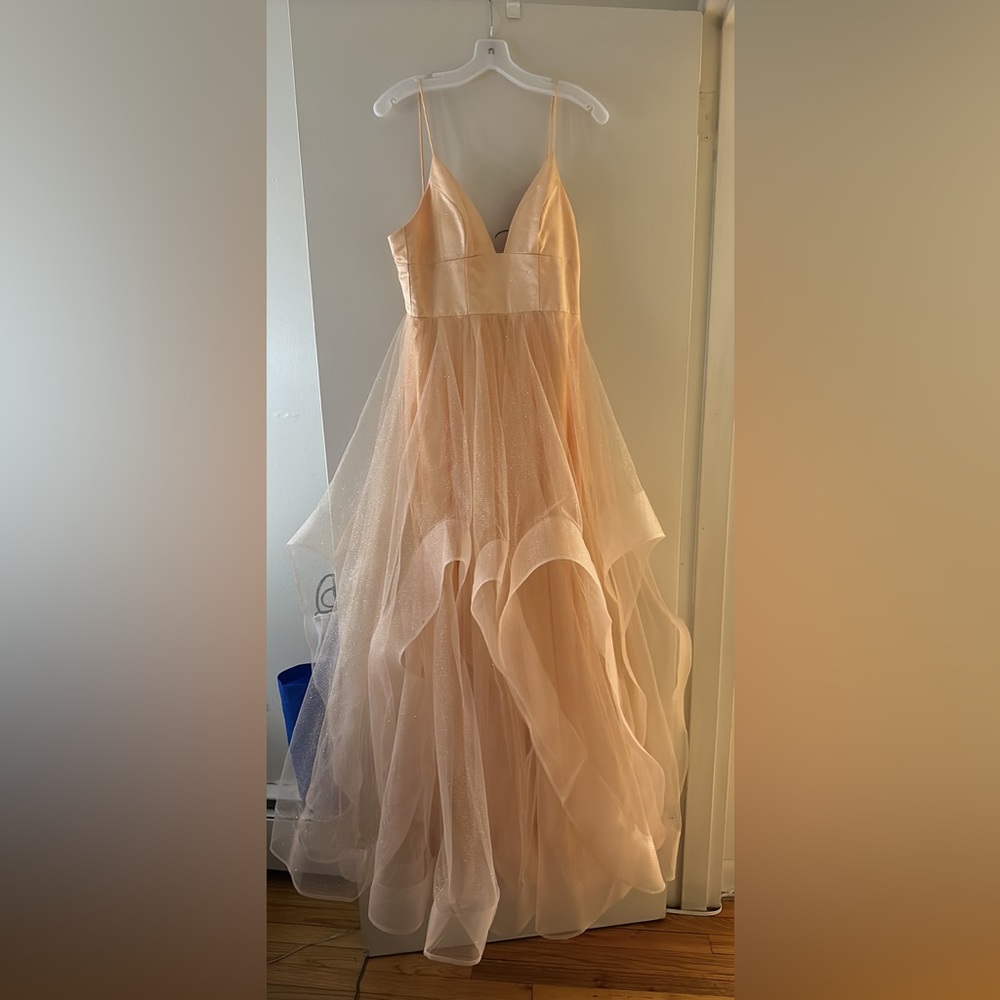 It's light peach cream with tulle that sparkles. The back has ties.